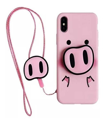 Funda Para iPhone Cerdo Con Soporte Nariz Y Cordón 