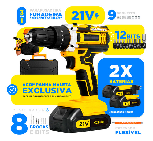 Parafusadeira Furadeira De Impacto Profissional Com Nautilus Ocean Com Maleta E 2 Baterias 60hz Amarelo E Preto