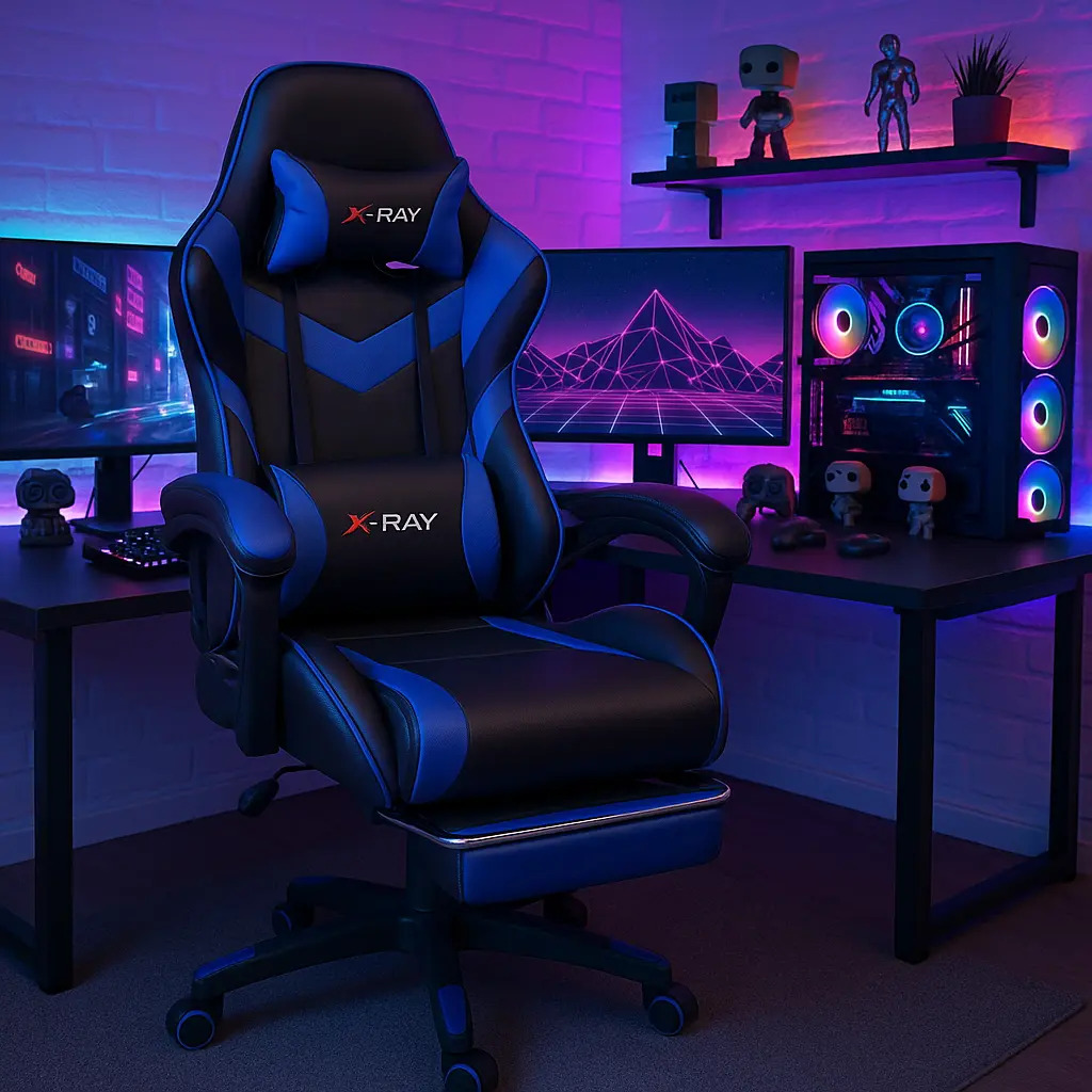 Cadeira Gamer Azul Ergonômica Elidy X-Ray com Encosto Reclinável