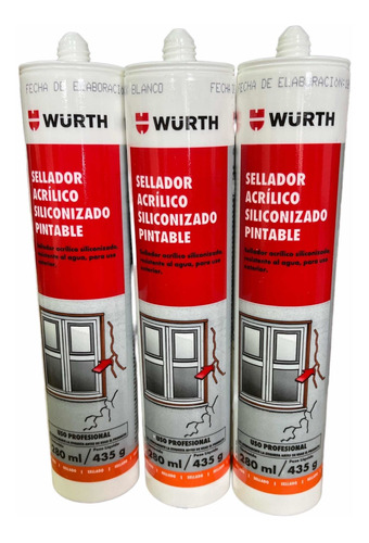 Pack 3 Silicona Pintable Wurth Acrilico Siliconizado 280ml