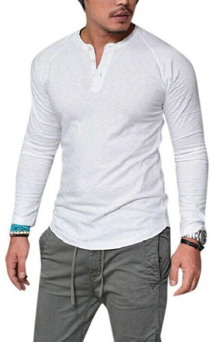 Camiseta Casual De Manga Larga For Hombre Summer Henley Gra