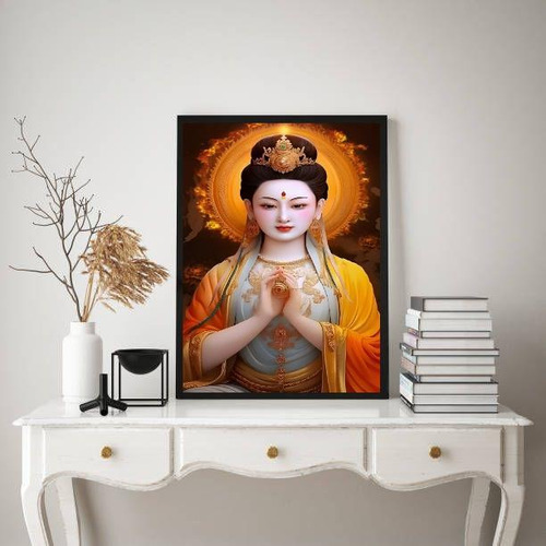 Quadro Deusa Chinesa Kuan Yin 33x24cm Moldura Madeira Preta