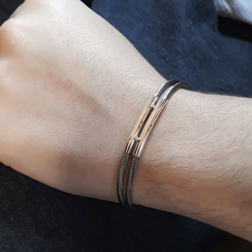 Bracelete Masculino Aço Inox Com Prata 950 Lisa Dupla