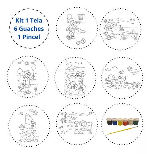 Kit Tela Infantil Pintar 20x30 Desenho Sortido Guache Pincel