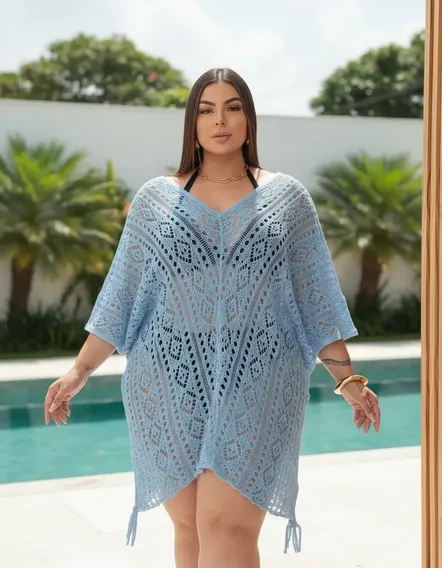 Saída De Praia Plus Size Tricô Curta Ombro Caído Faby Tricot