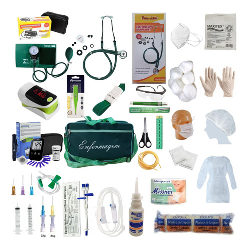 Kit Enfermagem Com 60 Itens Esteto E Esfigmo Completo Verde