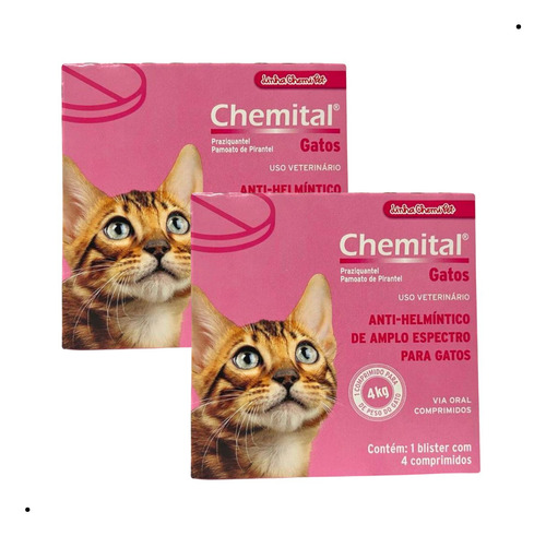 Kit 2 Chemital Gatos Vermífugo C/ 4 Compr Cada