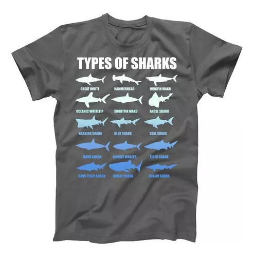 Remera Todas Especies De Tiburones Oceano Sharks Unisex