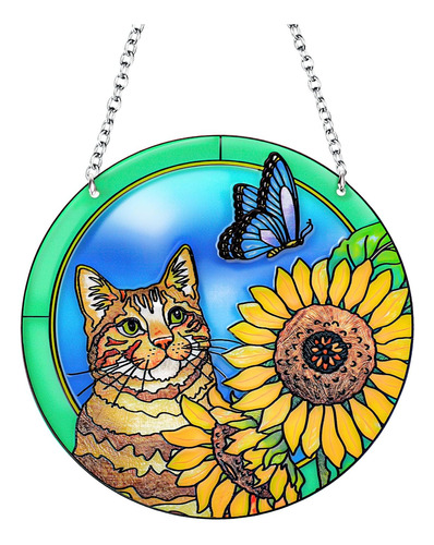 Cat Stained Glass Window Hangings, Cat Butterfly Sunflo...