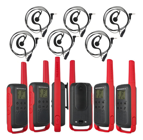 6 Walktalk Motorola T210br Comunicador Até 32km + 6 Fone Ptt Bandas De Freqüência Uhf Cor Preto