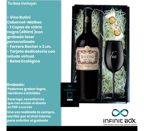 Box Vino Rutini C-m + 1 Copa Negra Grabada + Ferrero Rocher