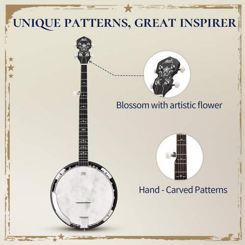 Banjo Aklot, Tamaño Completo, 5 Cuerdas Con Cabeza Remo, 38
