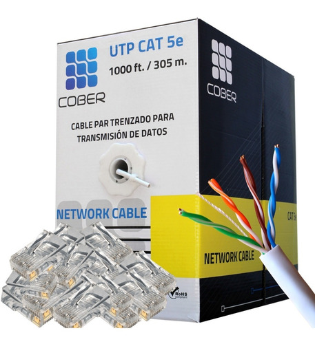 Cable Red Utp Cat 5e 305m + 100 Plugs 1 Micra Oro Rj45 Cober