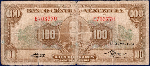 Billete De 100 Bolívares E6 Abril 22 1954 Simón Bolívar