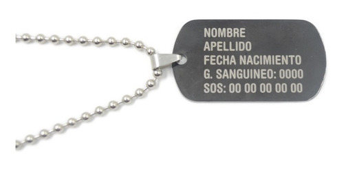 Imagen 1 de 3 de Placa Militar Negra Personalizada Láser Con Cadena