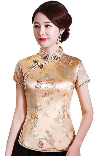 Cheongsam Chino Blusa Etnica De Manga Corta Con Cuello Alto