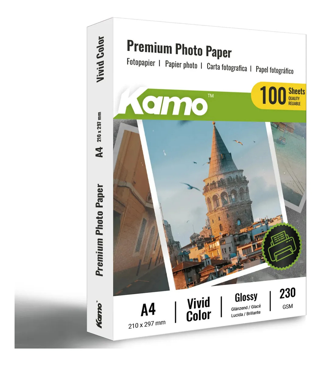Papel Fotográfico A4 Kamo Glossy Brillante 230gr 100 Hojas Color Blanco