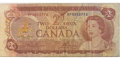 Billete Antiguo De Canadá. 2 Dollar. Reina Isabel Ii. 1974