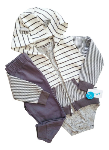 Conjunto Bebe Carters Campera Body Pantalon Gris Oso 24 M