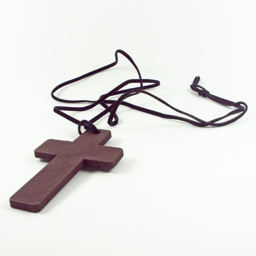Cruz De Madeira Rústico Grande + Cordão De Couro Crucifixo
