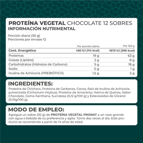 Proteína Vegetal Sabor Chocolate - Pronat - 12 Sobres De 30g