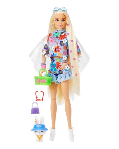 Barbie Extra Rubia Corazones Traje Floral Mascota Conejito