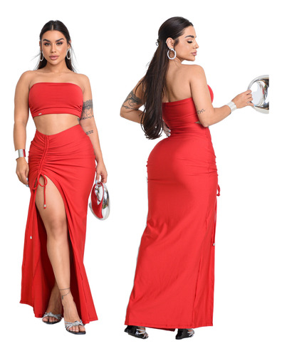 Top Faixa -cropped Tomara Que Caia E Saia Longa Colada Fenda