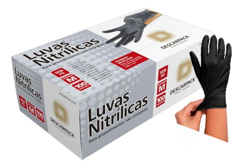 Luva Nitrílica Sem Pó Preta Tamanho M Antiestática 100 Unid