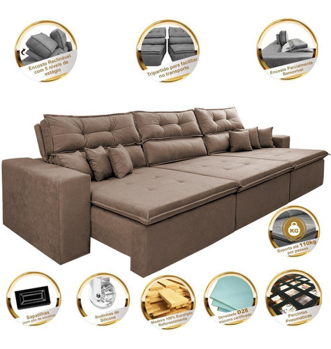 Sofá Cairo 4,12m Retrátil, Reclinável Tecido Suede Castor Cama inBox