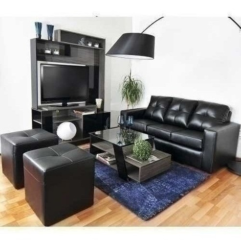Sofá 3 Cuerpos Con 2 Pouf Cuero Pu Rojo / Muebles América