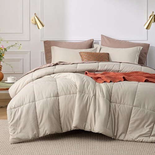 Bedsure Beige Queen Comforter Set - Beige Basket Weave Patte