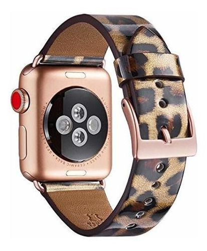 Correa De Cuero Compatible Apple Watch - Leopardo+oro Rosa