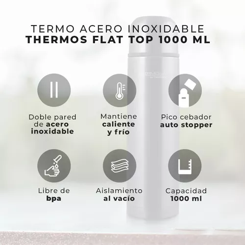 Termo Acero Inoxidable Thermos 1 litro FlatTop - Doble pared de acero  inoxidable - Aislamiento al vacio - Mantiene caliente y frio - Libre…