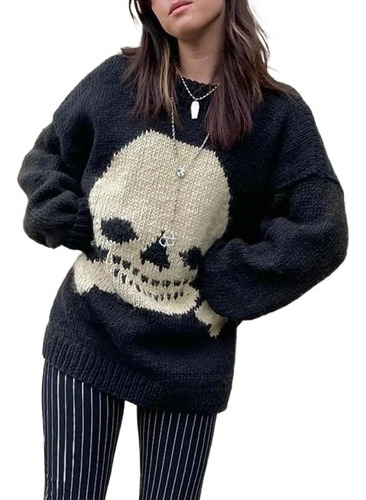 Suéter Suelto Negro De Mujer Con Estampado De Calaveras