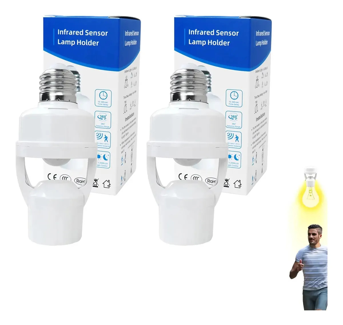 Dehobo 2 Socket E27 Para Lampara Sensores Movimiento Socket Iluminacion Exterior 360° Inducción Temporizador Ajustable: 16 S 32 S 220 S Sensor Movimiento Apto Para Uso En Interiore