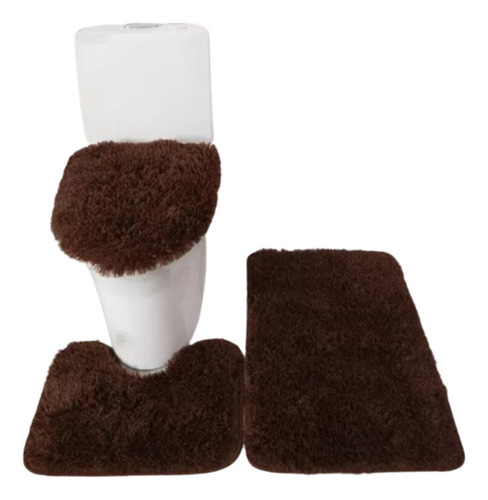 Jogo De Banheiro 3 Tampa Quadrada Peludo Cor Marrom Liso