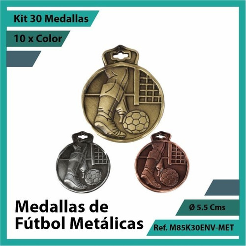 Kit 30 Medallas En Cali De Futbol Oro Metalica M85k30