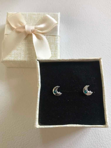 Aros De Plata 925 Bebé Con Tope Luna Circón Calipso