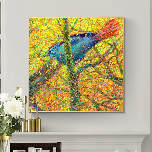 Cuadro Pájaro Arbol Estilo Oléo Moderno Con Marco Flotante Color Multicolor Armazón