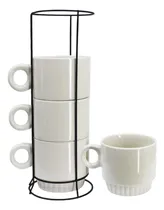 Comprar Set X 4 Tazas Cerámica Blanca Soporte Metálico Juego Tazas 