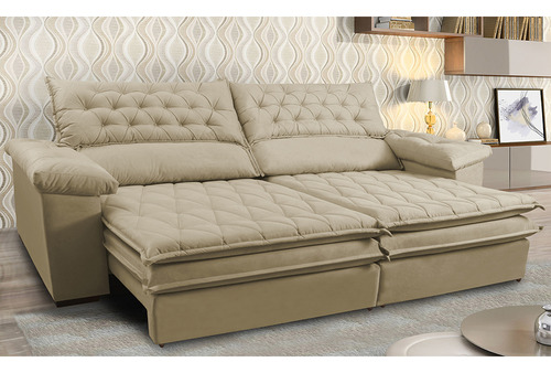 Sofá Retrátil e Reclinável Molas Ensacadas Cama inBox Botonê 2,12m Espuma Viscoelástico Suede Bege