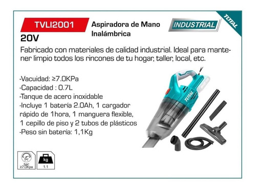 Imagen 2 de 8 de Aspiradora Inalámbrica 20v Total Con Cargador Y Batería 4 Ah