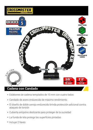 Imagen 2 de 4 de Cadena Con Candado10 Mm X 1.2 Mt Crossmaster 9933430
