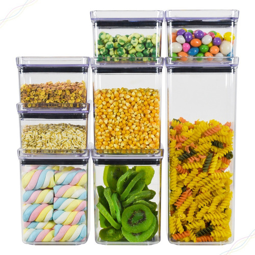 Kit Com 8 Porta Mantimentos Em Acrilico Com Tampa, Pote Hermetico Para Conservação De Alimentos - House Organizer