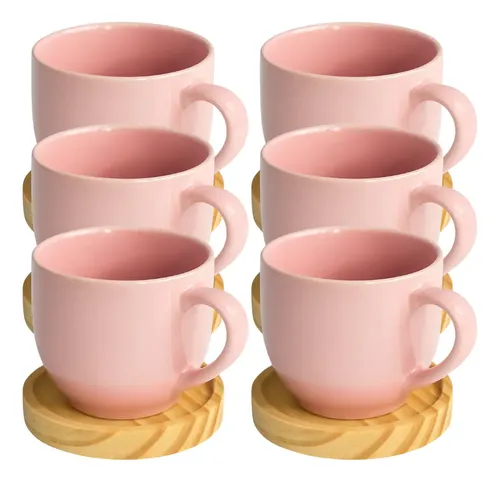 Jogo 6 Xícara Rosa De Porcelana Com Pires Madeira Café Casa