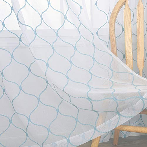 Embroidery Sheer Curtains Blue 63 Inches, Rod Pocket Voile D