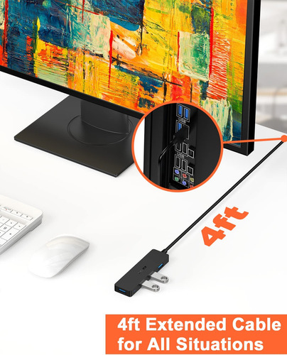 Divisor Hub Usb 3.0 Con Cable De Extensión Y 4 Pies De Largo