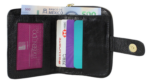 Cartera Mujer Piel Genuina Monedero Compacto Cierre Seguro Color Negro - Caja Diseño De La Tela Liso