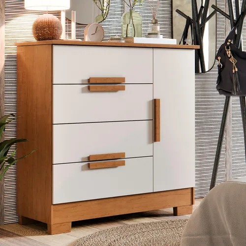 comprar Cômoda Para Quarto Bréscia Sapateira Multiuso Com 4 Gavetas E 1 Porta Cor Off Canela