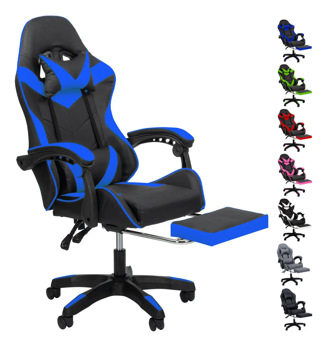 Silla Gamer Ergonómica Reclinable Giratoria Posa Pies Cómoda Color Azul Material Del Tapizado Vinipiel